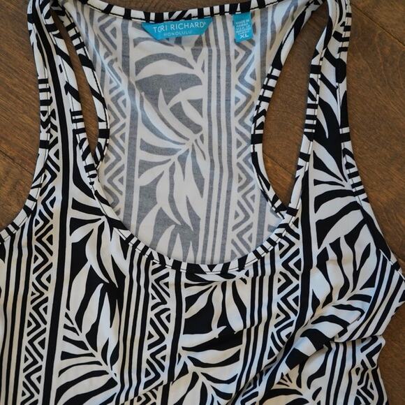 Tori Richard Maxi Dress Womens XL Black White Tropical Print Hawaiian Scoop Neck - Picture 5 of 9